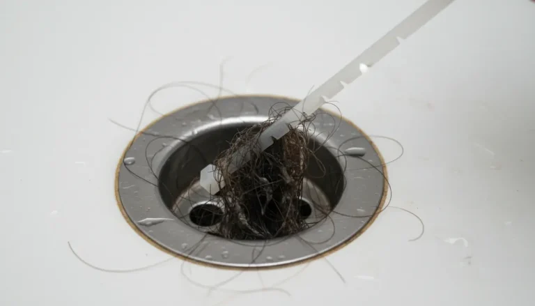 Een kabelbinder met inkepingen die haar uit een afvoerputje trekt om een verstopping te verhelpen.