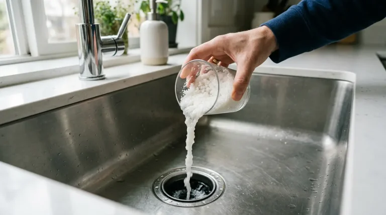 Een persoon giet een natuurlijk zoutmengsel in een moderne roestvrijstalen afvoer om deze te reinigen.