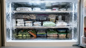 De binnenkant van een vriesvak dat volledig is bekleed met glanzend aluminiumfolie om ijsvorming te voorkomen.