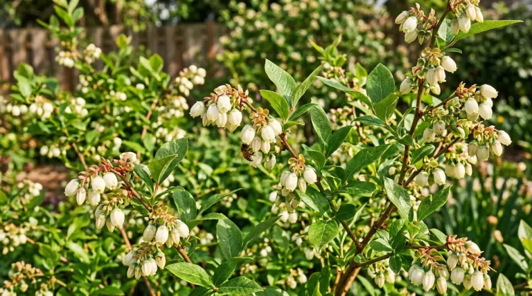 Een gezonde Amerikaanse bosbes met witte bloempjes in een zonnige tuin in april.
