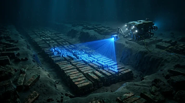 Een onderwateropgraving van rechthoekige metalen baren op een zandige rivierbodem met moderne blauwe lasertechnologie.