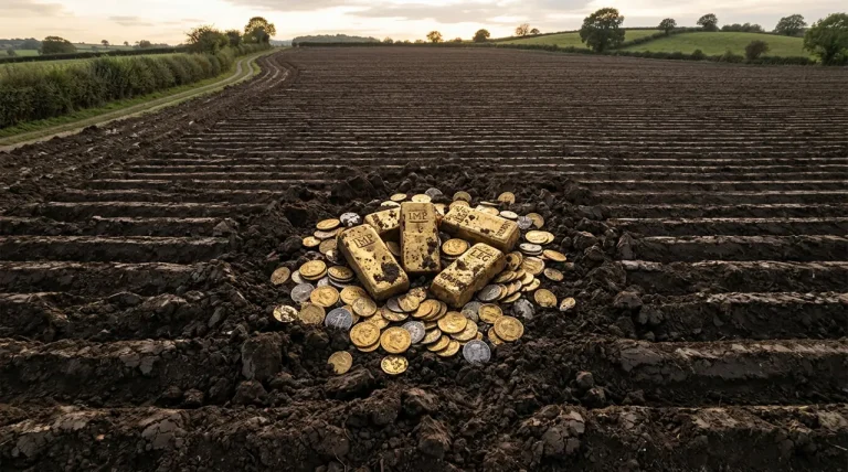 Een close-up van oude gouden munten en goudstaven die in de donkere aarde van een beplant veld liggen.