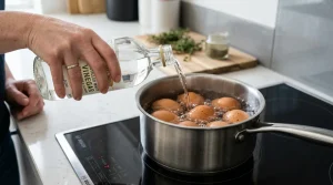 Een hand giet een scheutje azijn in een pan met water en eieren om het pellen van de schaal makkelijker te maken.