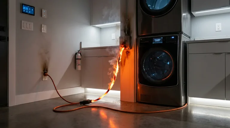 Een oververhit verlengsnoer dat gevaarlijk gloeit door aansluiting van te veel zware apparaten zoals een wasmachine en droger.