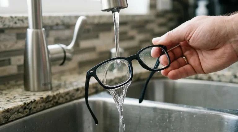 Een close-up van een bril die onder een dunne, constante straal kraanwater wordt gehouden waarbij het water streeploos van het glas glijdt.