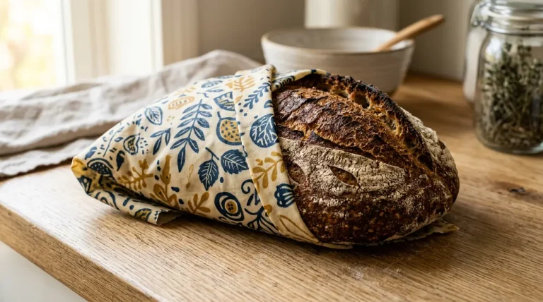 Een versgebakken brood half verpakt in een biologische bijenwasdoek op een houten plank.