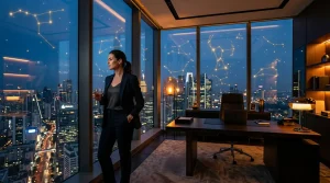 Een succesvolle professional in een modern kantoor met uitzicht op een stad bij zonsondergang en subtiele astronomische sterrenbeelden in de lucht.