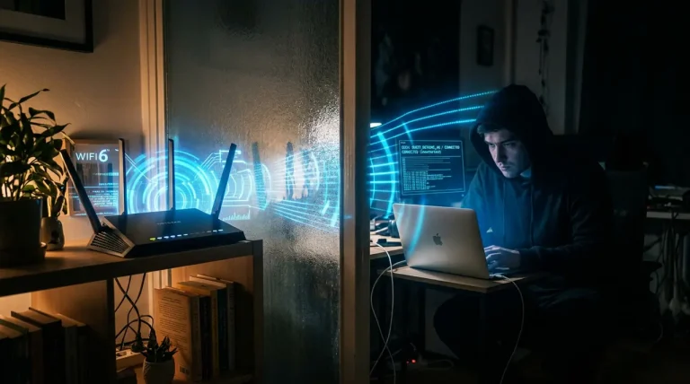 Een geavanceerde wifi-router die een beveiligingsscan uitvoert en een verborgen apparaat achter een muur detecteert.