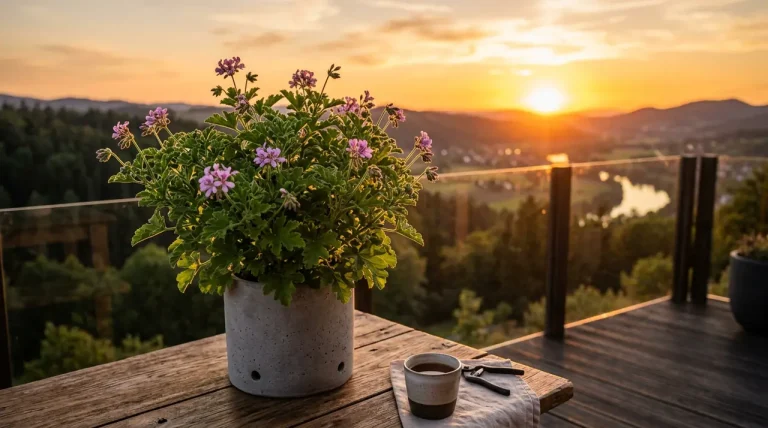 Een gezonde citroengeranium in een grijze pot op een houten terrastafel tijdens zonsondergang.