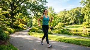 Een persoon die in de ochtendzon door een park wandelt als onderdeel van een gezonde levensstijl