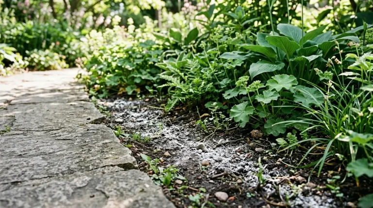 Een natuurlijke aanpak voor een tekenvrije tuin met diatomeeënaarde poeder op de bodem langs een tuinpad.