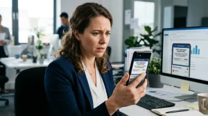 Een bezorgde persoon die op een smartphone een verdachte banktransactie bekijkt ter illustratie van digitale fraude.