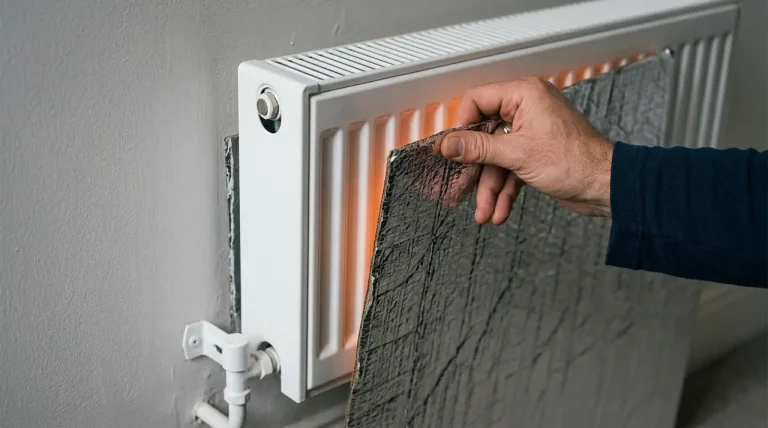 Een persoon installeert een zelfgemaakte reflecterende isolatieplaat van karton en folie achter een radiator voor energiebesparing.