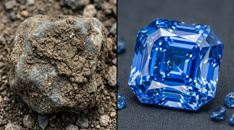 Een visuele vergelijking tussen een met modder bedekte steen en een helderblauwe edelsteen ter waarde van 90 miljoen euro.