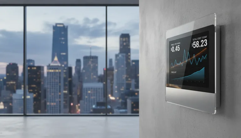 Een digitale weergave van stijgende energieprijzen en een slimme meter die de impact van inflatie op huishoudens symboliseert.