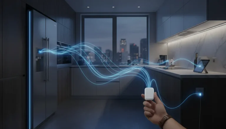 Een overzicht van huishoudelijke apparaten met visuele effecten die sluipverbruik en energiebesparing illustreren.