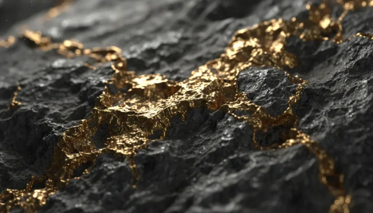 Een close-up van een glinsterende goudader in ruw gesteente die de enorme rijkdom van de ontdekking in Hunan symboliseert.