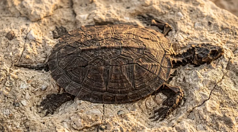 Een gedetailleerde opname van een 50 miljoen jaar oud schildpadfossiel in Syrische kalksteen