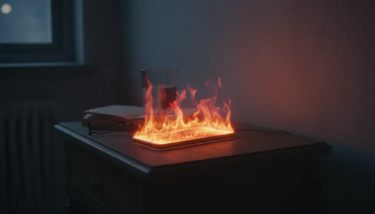 Een oververhitte smartphone die op een nachtkastje wordt opgeladen, weergegeven met een hittekaart-effect.