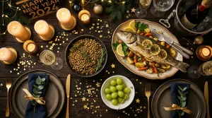 Een feestelijk gedekte tafel op oudejaarsavond met linzen, vis en druiven als symbolen voor geluk en voorspoed.