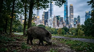 Een wild zwijn dat foerageert in een stedelijk park met gebouwen op de achtergrond.