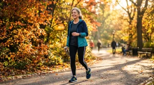 Een persoon die geniet van een wandeling in het park als onderdeel van een actieve levensstijl bij reuma
