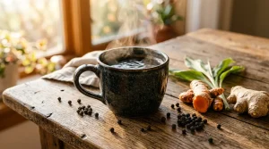 Een dampende kop koffie met verse kurkuma, gember en zwarte peper op een houten tafel in het zonlicht.