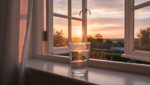 Een glas water op een vensterbank bij een open raam tijdens een zomeravond.