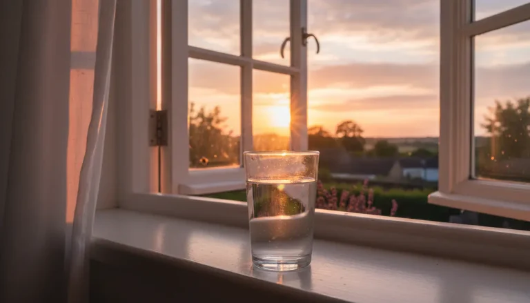Een glas water op een vensterbank bij een open raam tijdens een zomeravond.