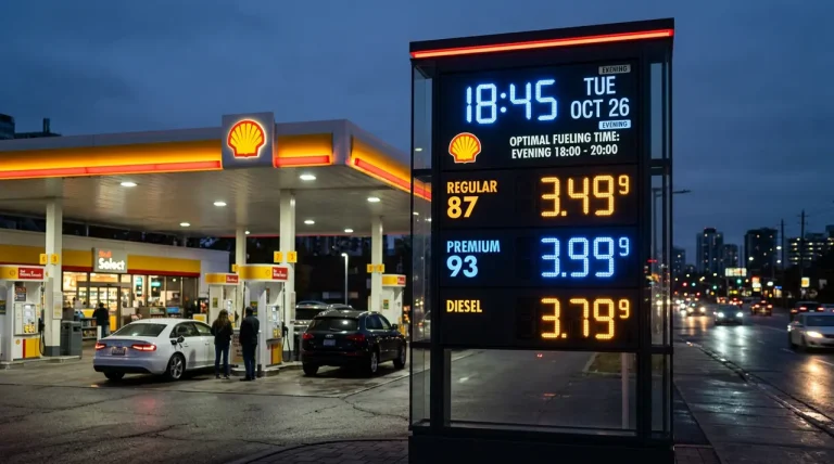 Een futuristisch digitaal dashboard bij een benzinestation dat de laagste brandstofprijzen en het optimale tijdstip toont.