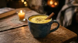 Een dampende mok goudgele kurkuma melk met een kaneelstokje op een houten tafel in een gezellige avondsetting.