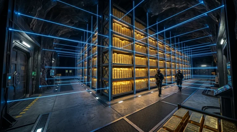 Een futuristische ondergrondse kluis op duizend meter diepte met glanzende goudstaven en blauwe laserbeveiliging.