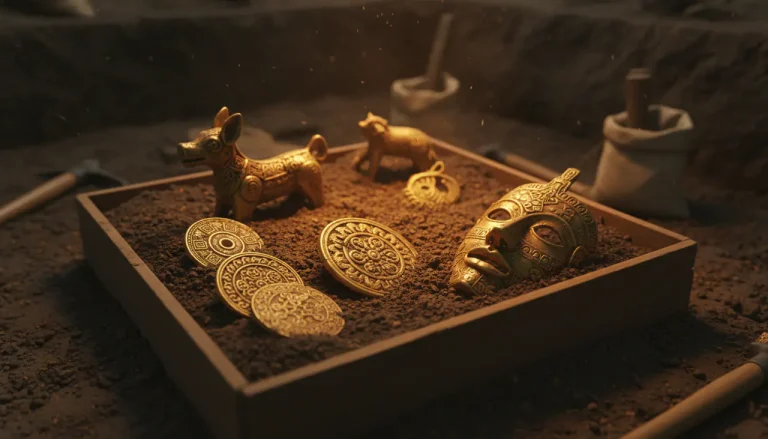 Close-up van prachtig bewerkte gouden artefacten gevonden in een archeologische opgraving.