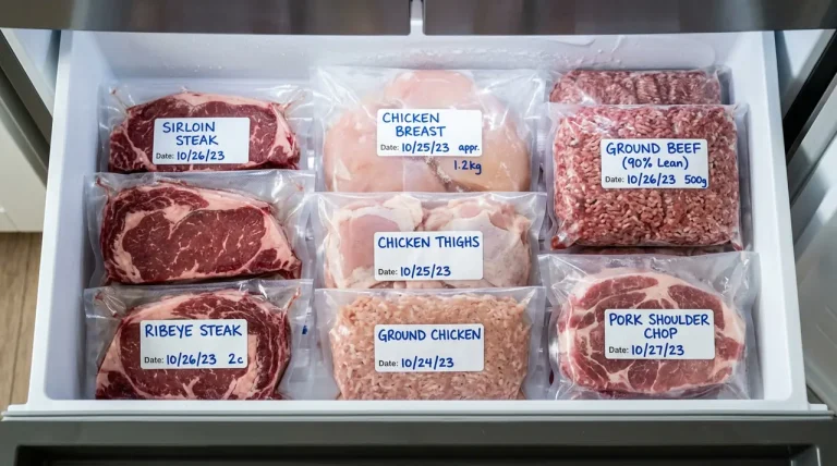 Verschillende soorten vlees in luchtdichte diepvrieszakken met labels in een vrieslade.