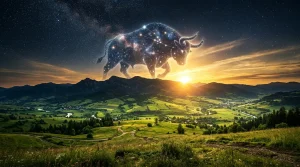 Een artistieke weergave van de zon die opkomt achter een sterrenbeeld Stier boven een rustgevend landschap.