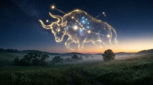 Een artistieke en serene weergave van het sterrenbeeld Stier boven een mistig groen landschap tijdens de zonsopgang, symboliserend stabiliteit en een nieuw astrologisch seizoen.