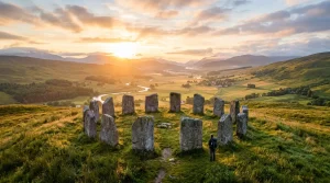Een rustgevende zonsopgang boven een vallei met stenen astrologische symbolen die de energie van 21 april 2026 weergeven.