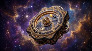 Een luxe gouden astronomische klok zwevend in een kosmische nevel met dieppaarse en gouden kleuren, symboliserend de horoscoop van april 2026.