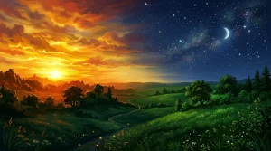 Een artistieke weergave van de astrologische overgang van Ram naar Stier met een sterrenhemel en natuur.