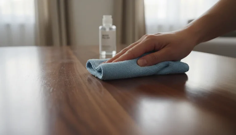 Een detailopname van een hand die een donkerhouten tafel polijst met een doek voor een natuurlijke glans.
