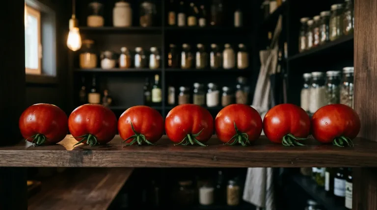 Verse rode tomaten die ondersteboven op hun schouders liggen op een donkere houten plank voor optimale bewaring.