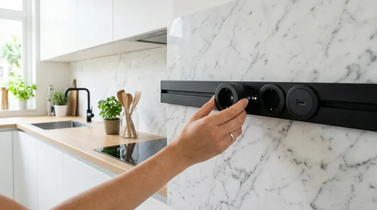Een modern zwart modulair railsysteem voor stopcontacten gemonteerd op een witte marmeren keukenwand in een minimalistisch interieur.