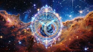 Een mystieke kosmische klok zwevend tussen sterrenstelsels en planeten die de astrologische verschuivingen van 2026 symboliseert.