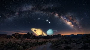 Een spectaculaire kosmische weergave van de planeten Saturnus en Neptunus die samenkomen aan de horizon onder een heldere sterrenhemel met de constellatie Ram.