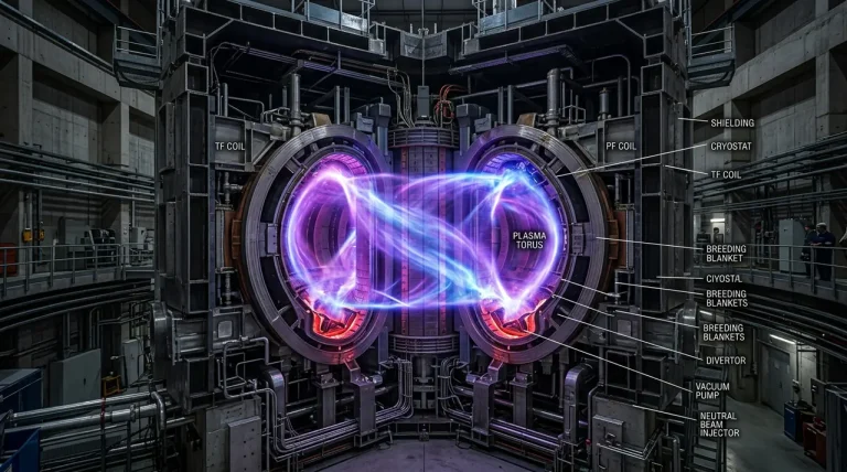 Een futuristische blik in de actieve plasma-kamer van de ITER kernfusiereactor waar zon-energie wordt nagebootst.
