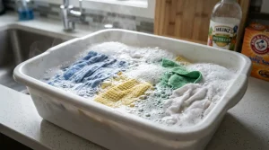 Een teiltje met bruisend water en soda waarin keukendoeken worden geweekt op een aanrecht.