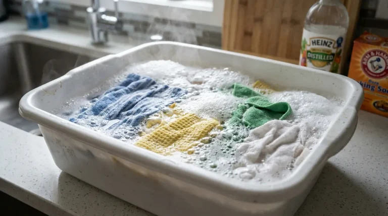 Een teiltje met bruisend water en soda waarin keukendoeken worden geweekt op een aanrecht.