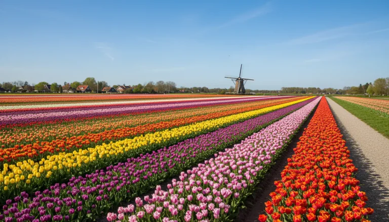 Een kleurrijk veld met duizenden bloeiende tulpen voor een historische windmolen in Keukenhof.