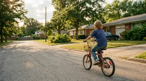 Een kind dat in de jaren 90 alleen op een fiets door een woonwijk rijdt, wat symbool staat voor de autonomie van die generatie.