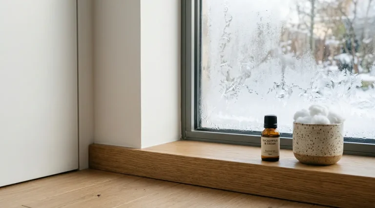 Een flesje etherische olie en wattenbolletjes bij een witte plint in een stijlvol huis.